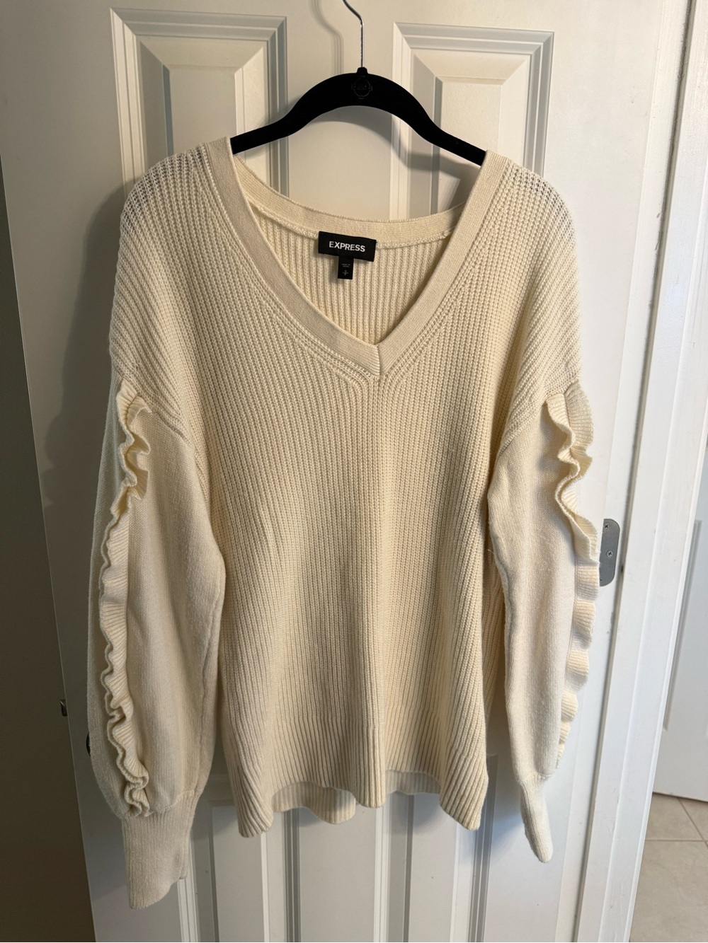 Express Cream V-Neck Sweater with Ruffle Sleeve Detail